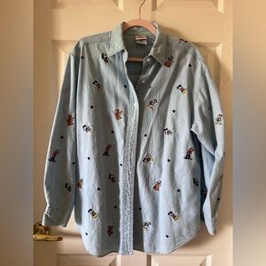 Disney Co Vintage Embroidered Light Blue Cotton Denim Button Down Large